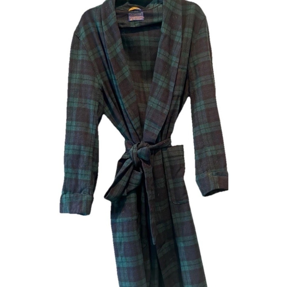 Pendleton‎ Wool Robe Men L Black Watch Tartan Green Blue Belted Vintage Heritage